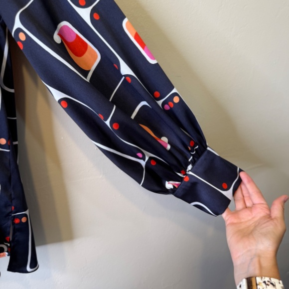 Zara | Retro Geo High Collar Mock Neck Long Sleeve Printed Charmeuse Blouse - Picture 10 of 16